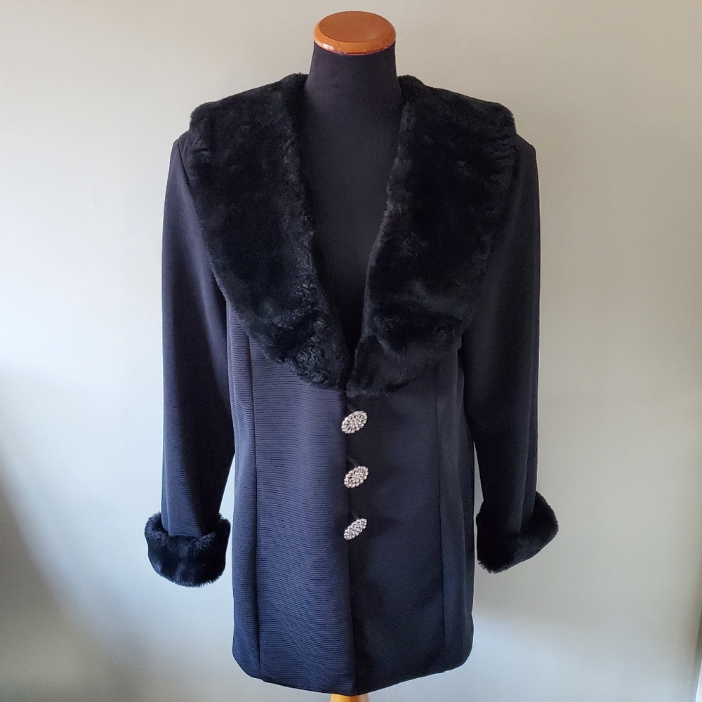Vintage Joseph Ribkoff 16 Black Faux Fur Trim Broach Button Evening Party Dress